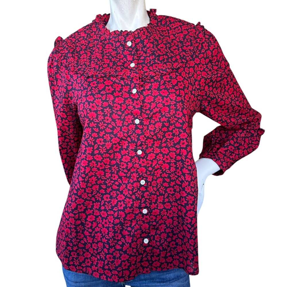 Vineyard Vines Wildflowers Pleated Yoke Top Navy Blue & Red Floral Print Blouse